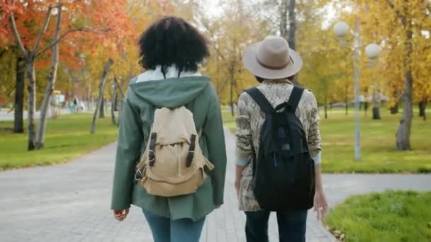 Långsam rörelse av attraktiva flickor vänner promenader med ryggsäckar i stadsparken. — Stockvideo