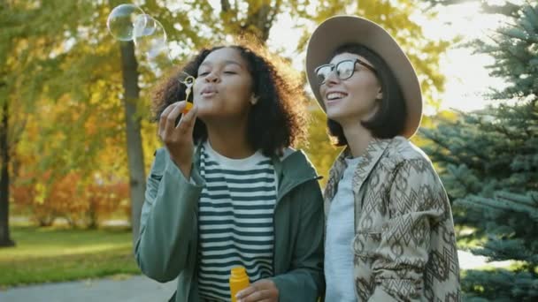 Lassú mozgás boldog diákok lányok fúj szappanbuborékok a parkban szórakozás — Stock videók