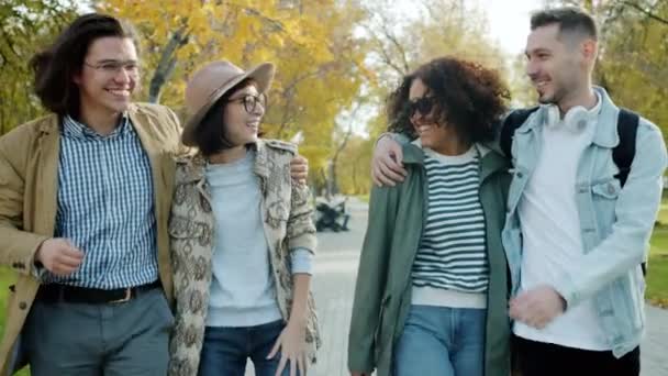 Grupo de jóvenes estudiantes caminando al aire libre en el parque haciendo chistes — Vídeos de Stock