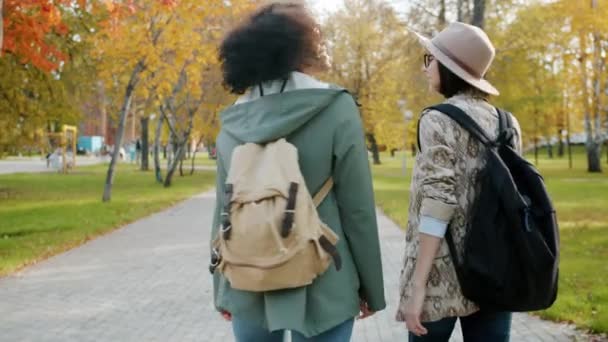 Радостные девушки с рюкзаками прогуливаются по парку улыбаясь, обращаясь к камере — стоковое видео