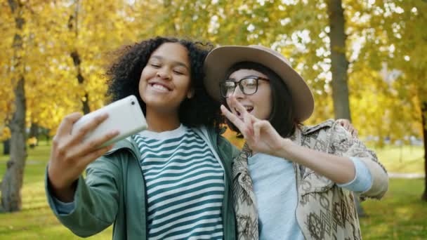 Ευτυχισμένες φίλες να βγάζουν selfie στο πάρκο χρησιμοποιώντας κάμερα smartphone να ποζάρει χαμογελώντας — Αρχείο Βίντεο