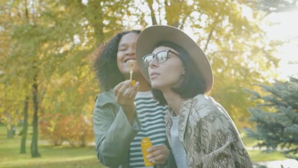 Beautiful ladies friends blowing soap bubbles outdoors in park laughing together — 비디오