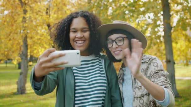 Meninas felizes amigos falando on-line via chamada de vídeo usando smartphone no parque — Vídeo de Stock