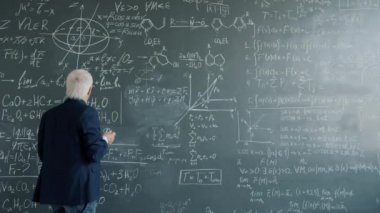 Intelligent professor working at project in college writing formulas on chalkboard wall