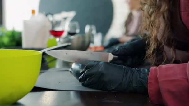 Close-up de mãos femininas em luvas cortando berinjela na cozinha cozinhar alimentos — Vídeo de Stock