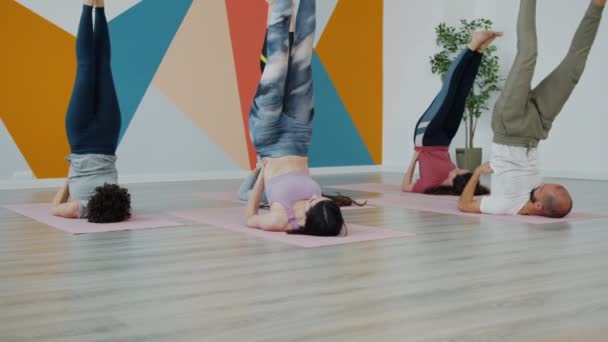 Hombre y mujeres estirando piernas en posición inversa concentrados en la práctica de yoga en estudio — Vídeos de Stock