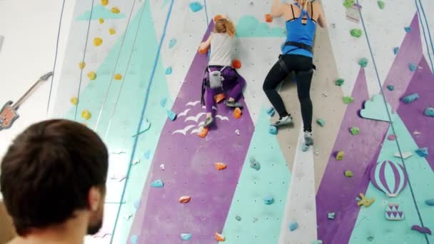 Powolny ruch kobiet wspinaczy korzystających z wspinaczki wewnątrz sali gimnastycznej obsługiwanych przez belayers — Wideo stockowe