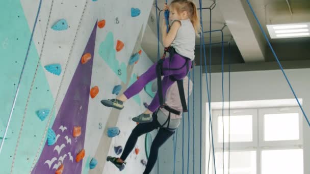 Menina bonito e jovem senhora descendo parede de escalada pendurado em cordas usando arreios — Vídeo de Stock