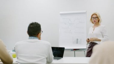 Ofisteki iş stratejilerini açıklayan bir grup iş adamıyla konuşan kadın öğretim görevlisi