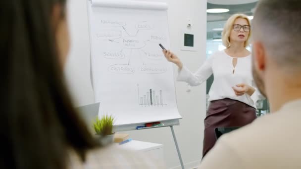 女性の上司は、オフィスのチャートスタンドに関する情報を示すスタッフに話す — ストック動画