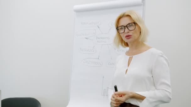 Starší obchodnice mluví v blízkosti flipchart palubě vysvětlující podnikání a marketing v kanceláři — Stock video