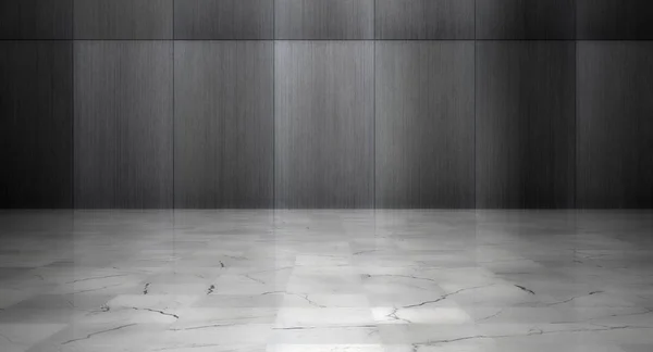 Dark Empty Interior with Marble Floor and Metal Wall Panels (3D Illustration) 로열티 프리 스톡 사진