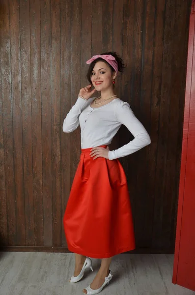 Girl in a red skirt, vintage — Stock Photo, Image