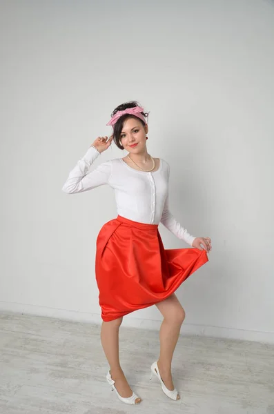 Girl in a red skirt, vintage — Stock Photo, Image