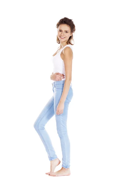 Happy brunette girl in white t-shirt — Stock Photo, Image