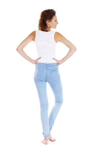 Happy brunette girl in white t-shirt — Stock Photo, Image