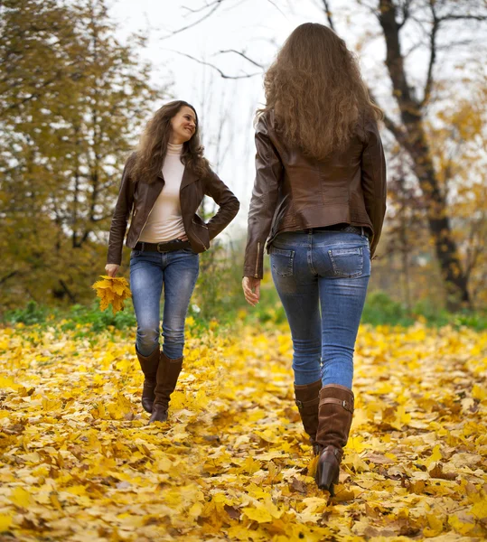 Autunno immagine di moda di giovane donna che cammina nel parco — Foto Stock