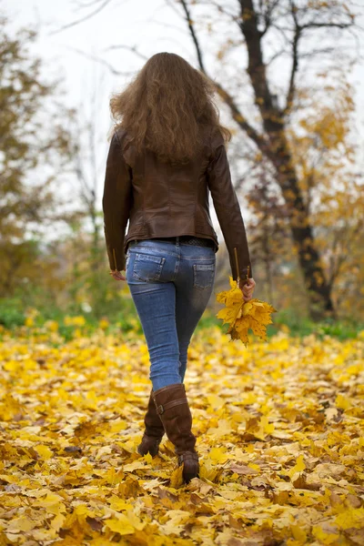 Autunno immagine di moda di giovane donna che cammina nel parco — Foto Stock