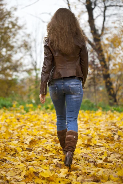Sonbahar moda görüntü genç kadın parkta yürüyüş