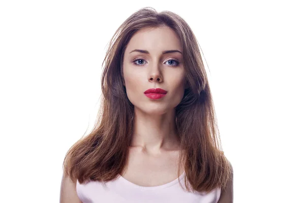 Beautiful woman face close up portrait studio on white — Stock Photo, Image
