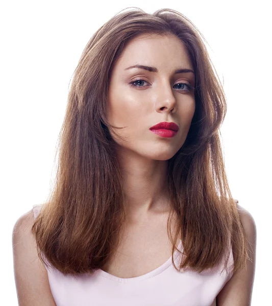 Vacker kvinna ansikte närbild porträtt studio på vit — Stockfoto
