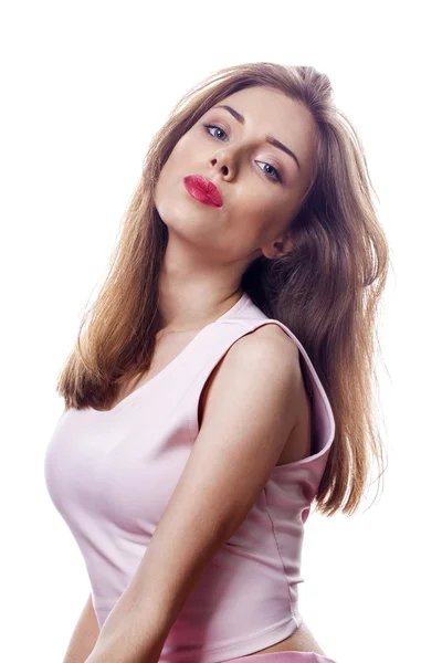 Hermosa cara de mujer de cerca estudio de retrato en blanco — Foto de Stock