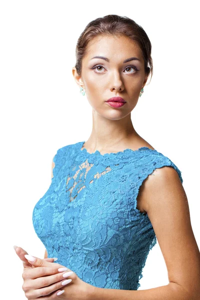 Beautiful brunette woman in turquoise dress — Stock Photo, Image