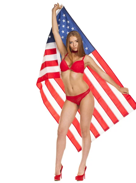 비키니 미국 국기를 들고 아름 다운 여자 — 스톡 사진