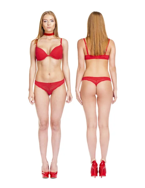 Collage foto bellissima modella in lingerie rossa — Foto Stock