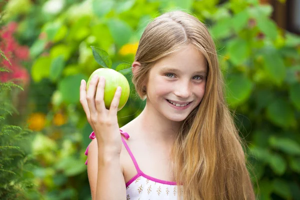 Picture of beautiful girl with green apple — Stock Photo, Image