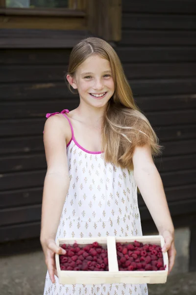 Beautiful girl holding a box with a raspberry — Stock Photo, Image