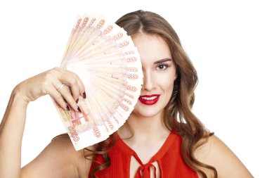 Rus ruble. A yelpaze-in para tutan genç mutlu kadın