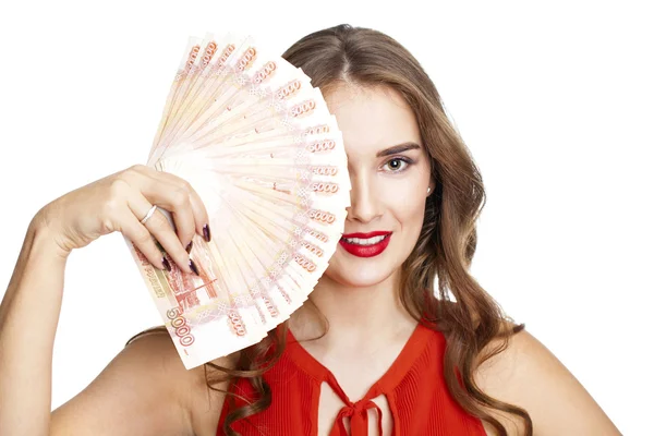 Russische Rubel. junge glückliche Frau mit einem Fan von Geld — Stockfoto