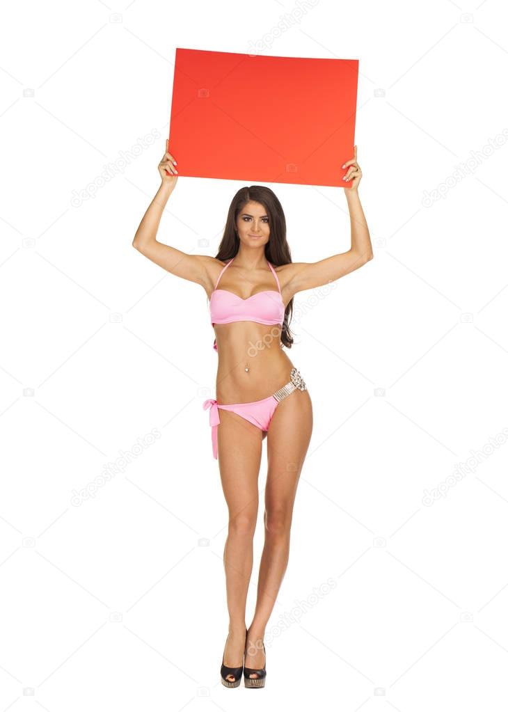 Sexy girl in bikini making an announcent