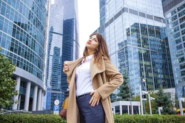 Молодая деловая женщина на фоне небоскребов — стоковое фото