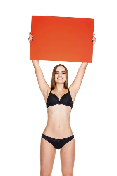 Großes Schild. Lächelndes Mädchen mit rotem Banner. Einzelporträts — Stockfoto