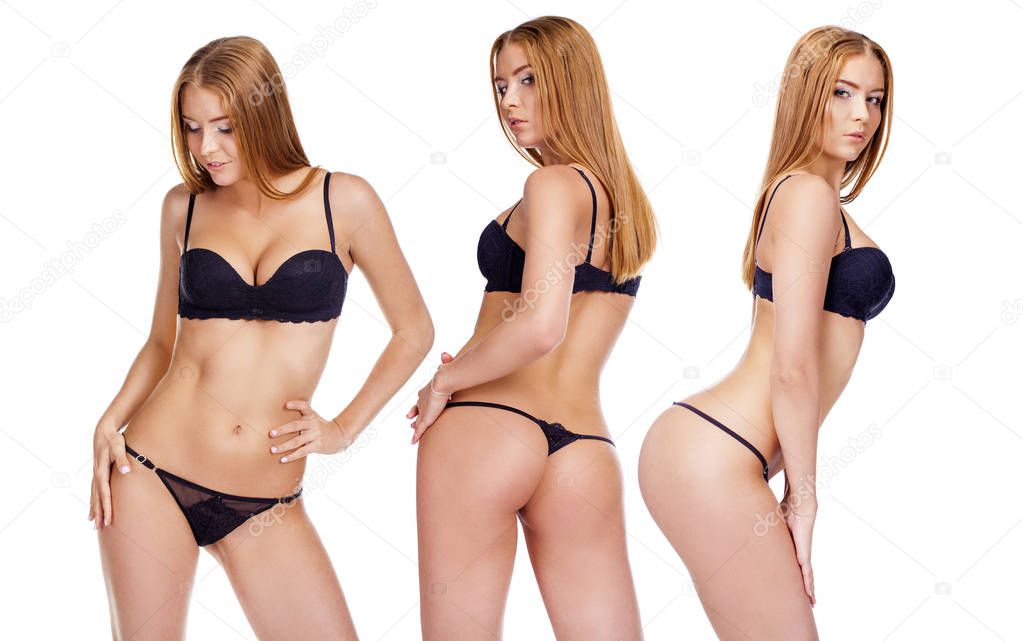 Sexy young blonde women posing in black underwear