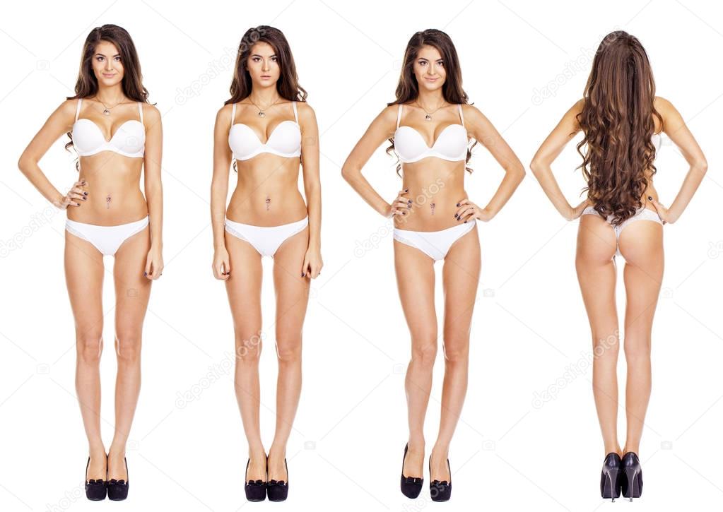 Full length beautiful slim tanned women in white bikini