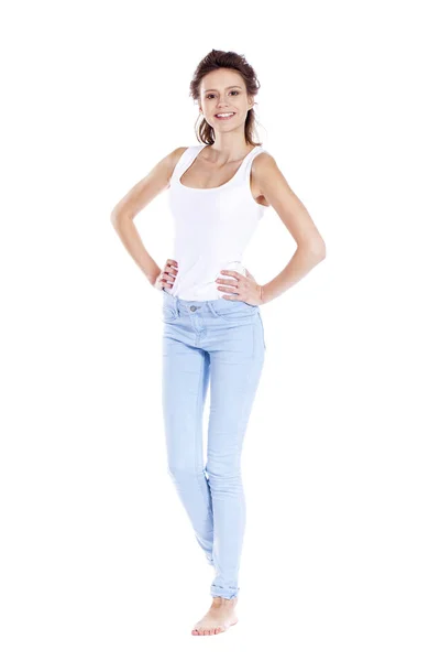 Happy brunette girl in white t-shirt — Stock Photo, Image