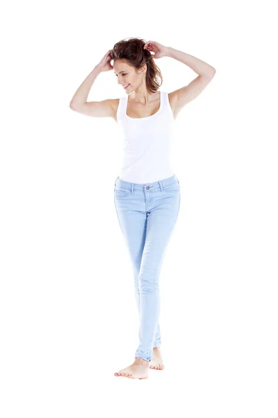 Chica morena feliz en camiseta blanca — Foto de Stock