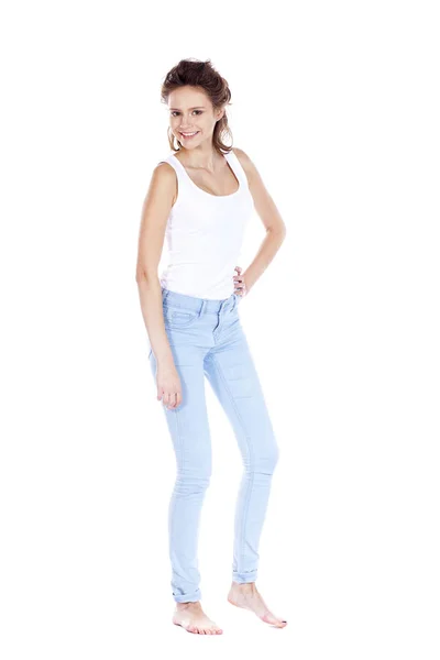 Szczęśliwa Dziewczyna Brunetka w biały t-shirt — Zdjęcie stockowe