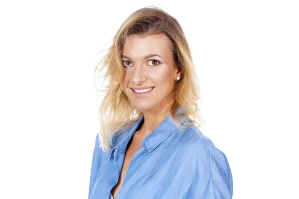 Portrait of a young blonde woman in jeans shirt — Stock Photo, Image