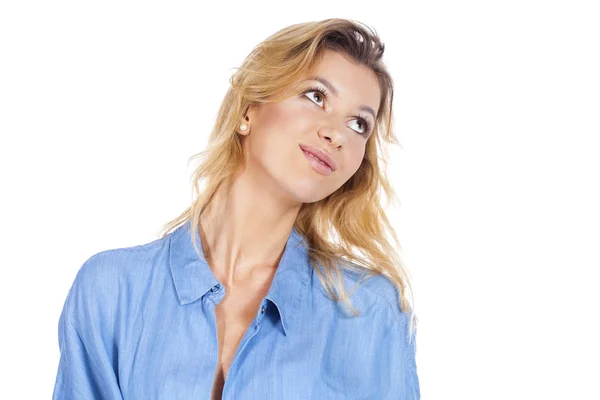 Portrait of a young blonde woman in jeans shirt — Stock Photo, Image