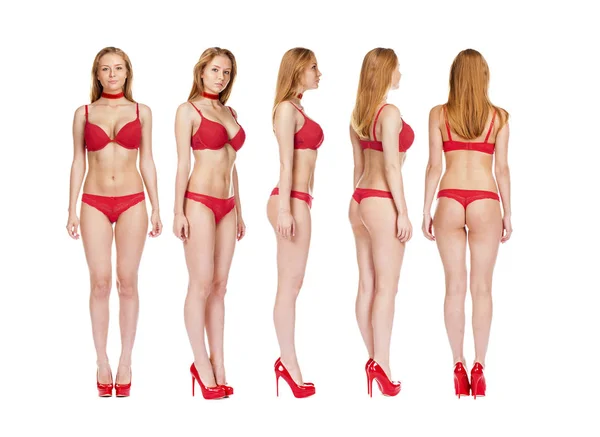 Sexy jóvenes mujeres rubias posando en ropa interior roja —  Fotos de Stock