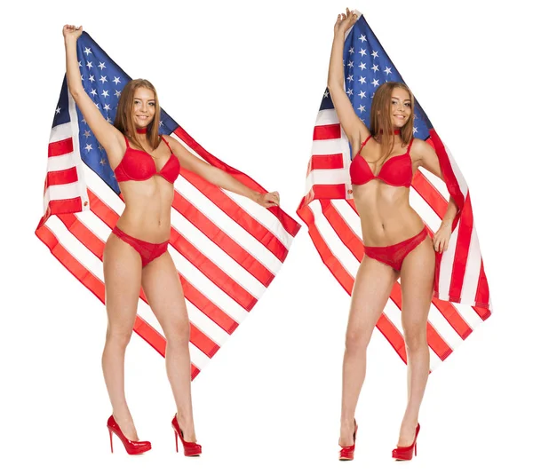 Piękna dziewczyna w bikini, trzymając flagę Usa — Zdjęcie stockowe