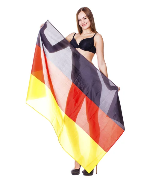 Mujer joven sostiene una bandera clara de Alemania — Foto de Stock