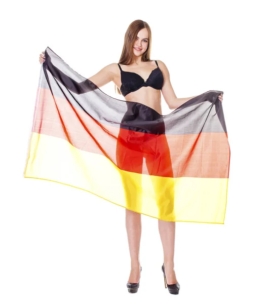 Ung kvinna håller upp en tydlig flagga Tyskland — Stockfoto