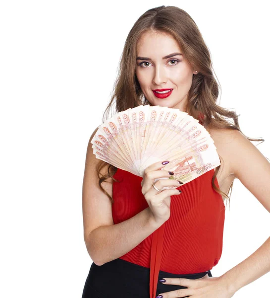 A yelpaze-in para, üzerinde beyaz ba izole tutan genç mutlu kadın — Stok fotoğraf