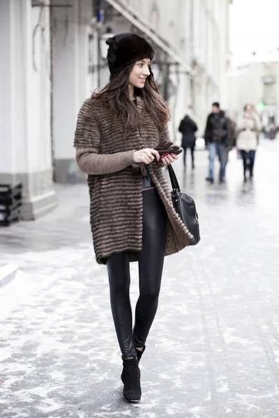 Young beautiful woman in stylish mink coat — Stock Photo, Image