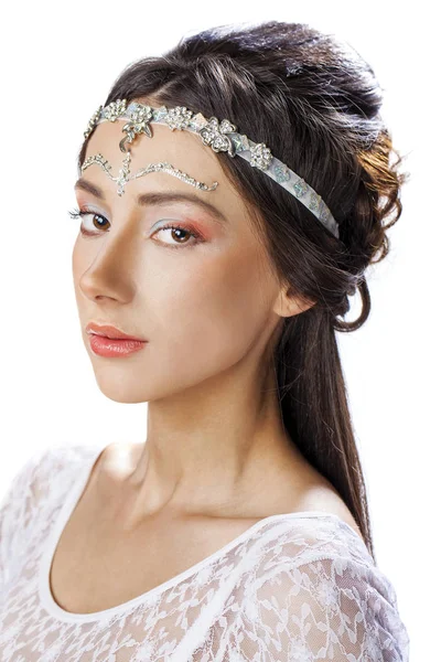 Glamor close up portrait of a young woman on a white background — Stock Photo, Image